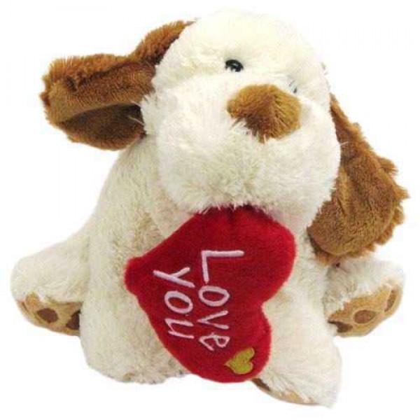 White and Brown 15 Inch Dog Soft Toy with Red Love You Heart